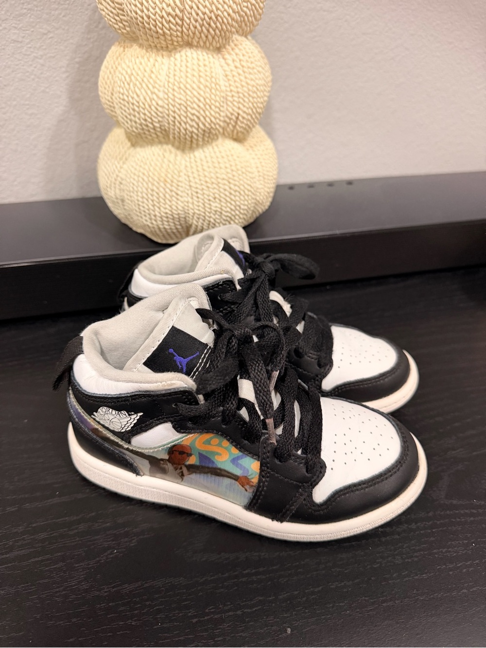 Jordan Kids Black and White High-Top Sneakers with Multicolor Side Graphic